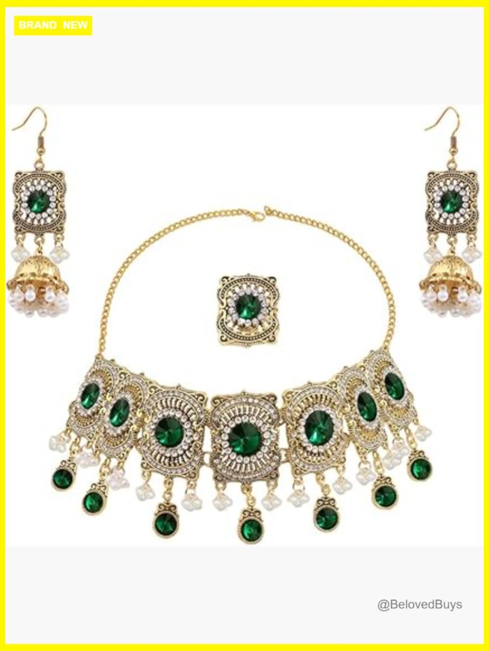 Indian Jhumki Jewelry Set Earrings Necklace Rings Gold Plated CZ Pearl Tassel